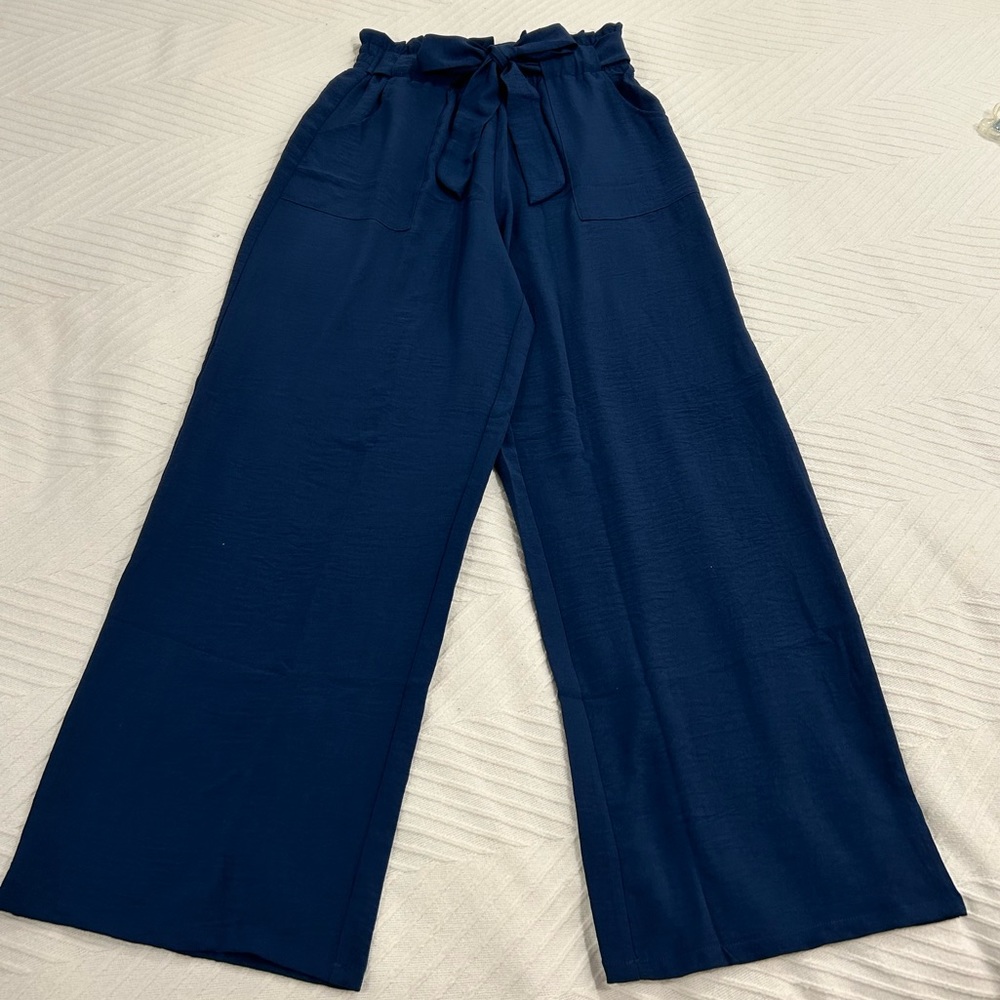 Iwollence blue paper bag belted wide leg pants nwt